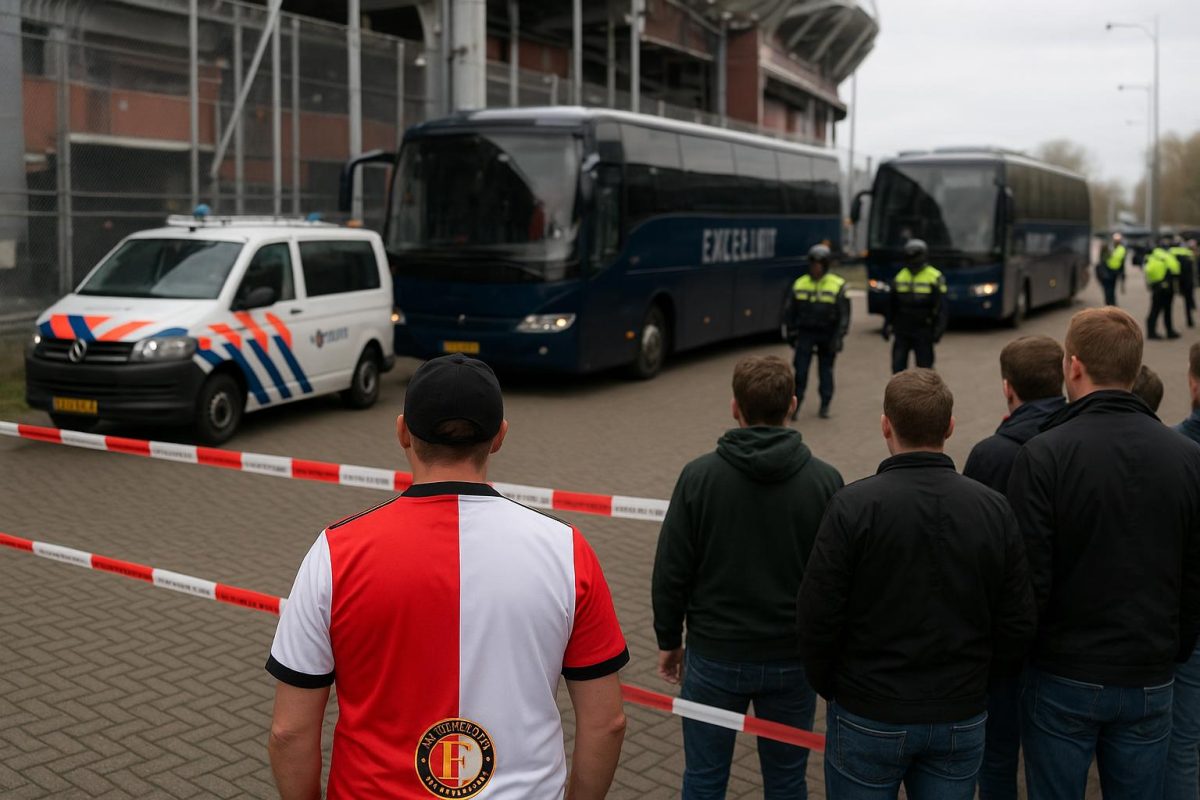 Politie en stewards bij de bezoekersbussen aan De Galgenwaard tijdens een uitmatch van Feyenoord, met supporters op afstand.