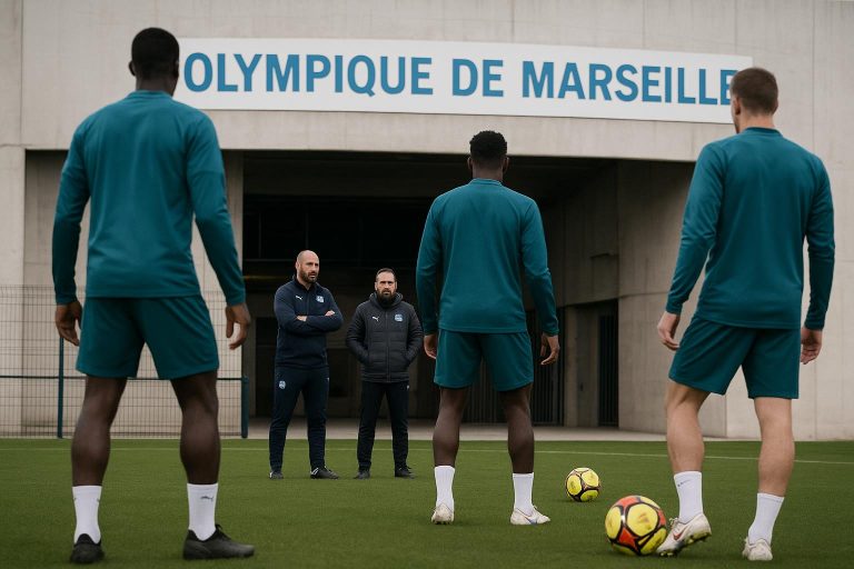 Transfercontext bij Olympique Marseille met spelers op training, zonder herkenbare gezichten