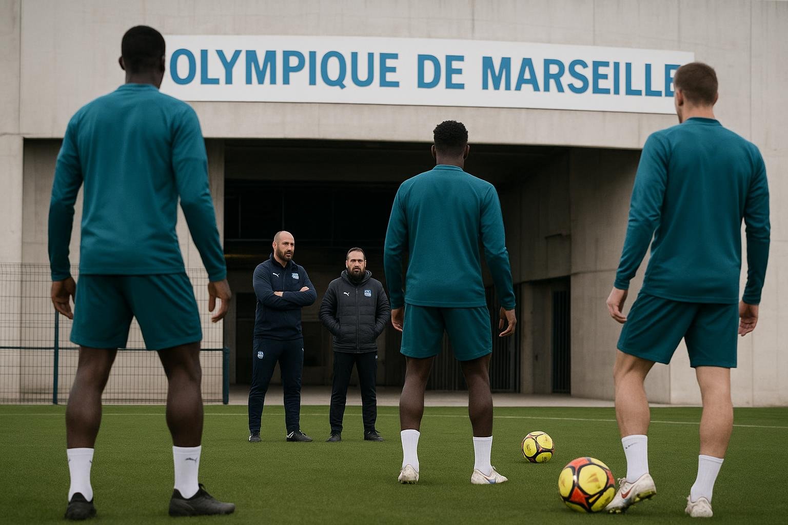 Transfercontext bij Olympique Marseille met spelers op training, zonder herkenbare gezichten