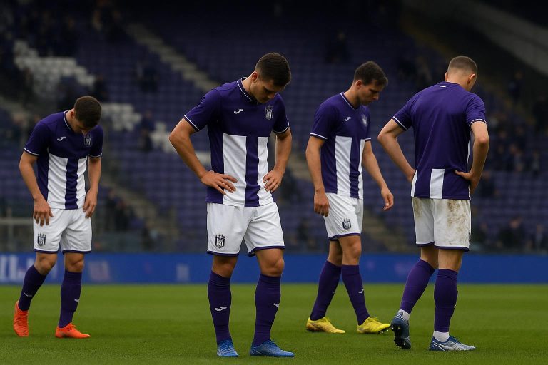 Teleurgestelde spelers van RSC Anderlecht op het veld na een competitiewedstrijd