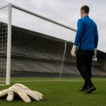 Doelman van Club Brugge op het trainingsveld, gezien vanop afstand zonder herkenbare gezichten
