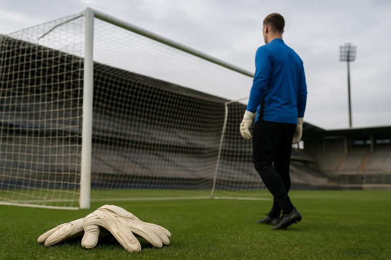 Doelman van Club Brugge op het trainingsveld, gezien vanop afstand zonder herkenbare gezichten