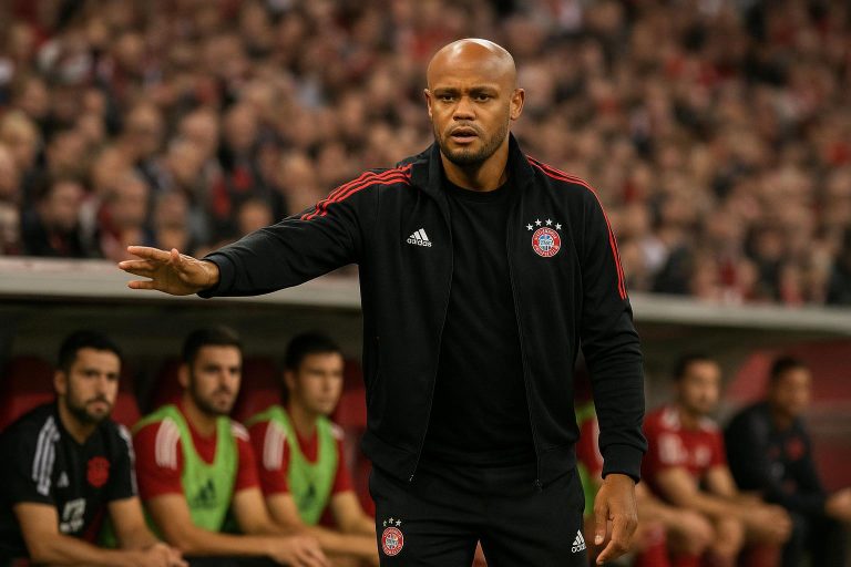 Vincent Kompany aan de zijlijn bij Bayern München tijdens een wedstrijdmoment