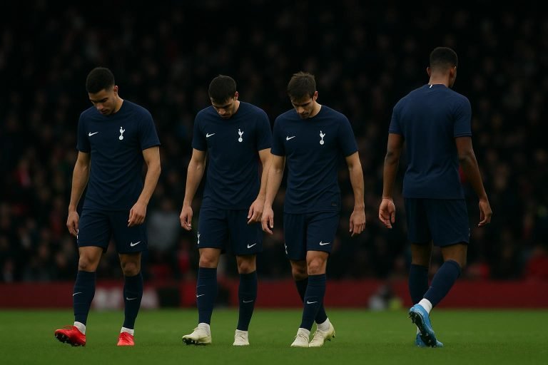 Tottenham Hotspur langs de zijlijn in een Premier League-stadion, met focus op de spanning rond de ploeg