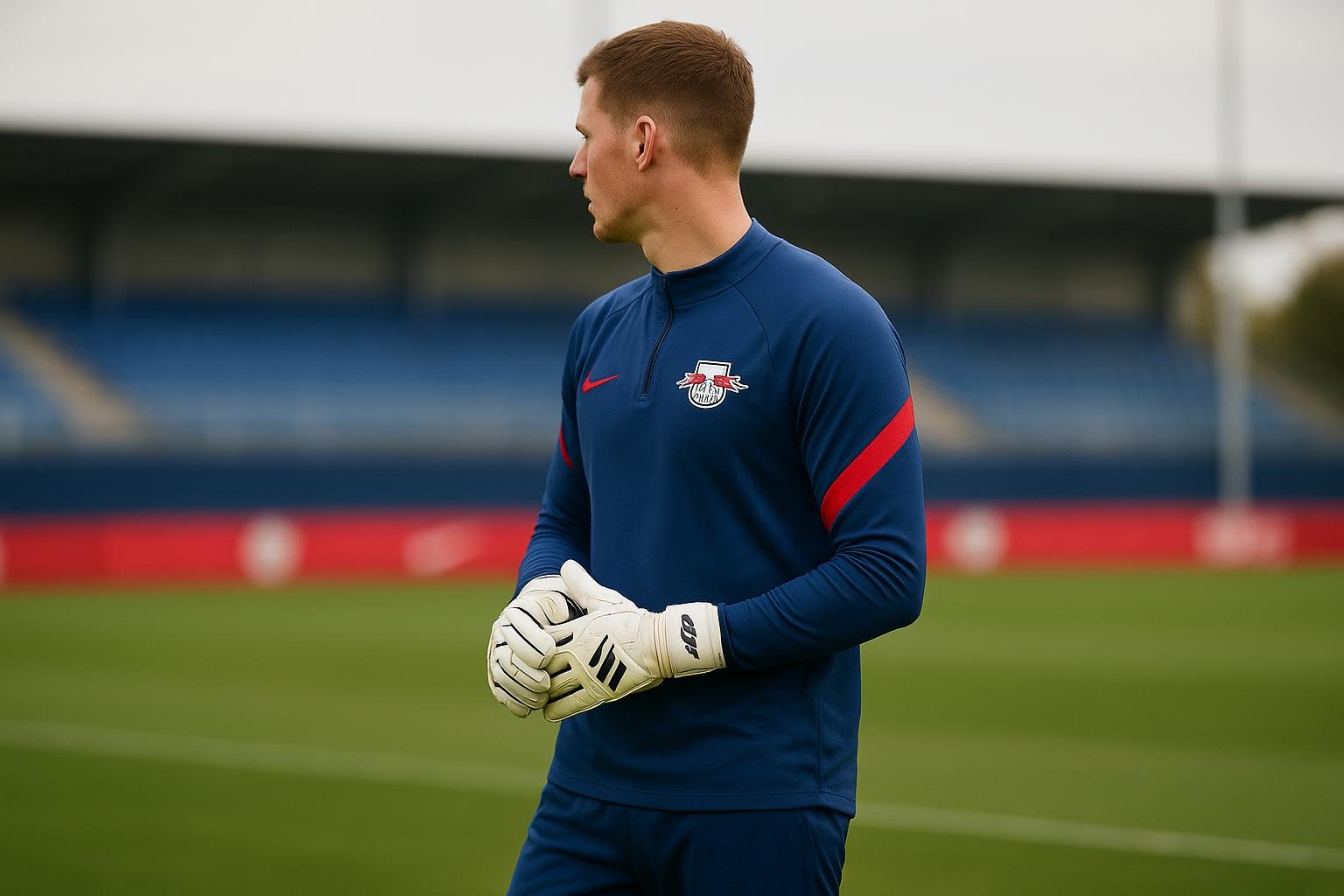 Maarten Vandevoordt, doelman van RB Leipzig, tijdens een trainingsmoment