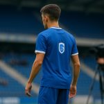 Actiefoto van Konstaninos Karetsas van KRC Genk tijdens een wedstrijd in het stadion