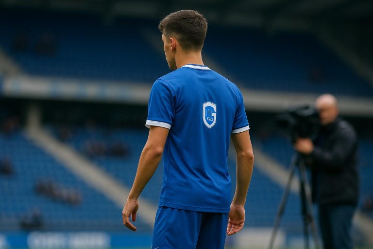 Actiefoto van Konstaninos Karetsas van KRC Genk tijdens een wedstrijd in het stadion