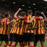 Spelers van KV Mechelen vieren een overwinning in het stadion
