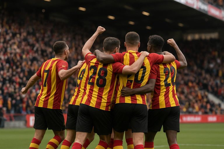 Spelers van KV Mechelen vieren een overwinning in het stadion