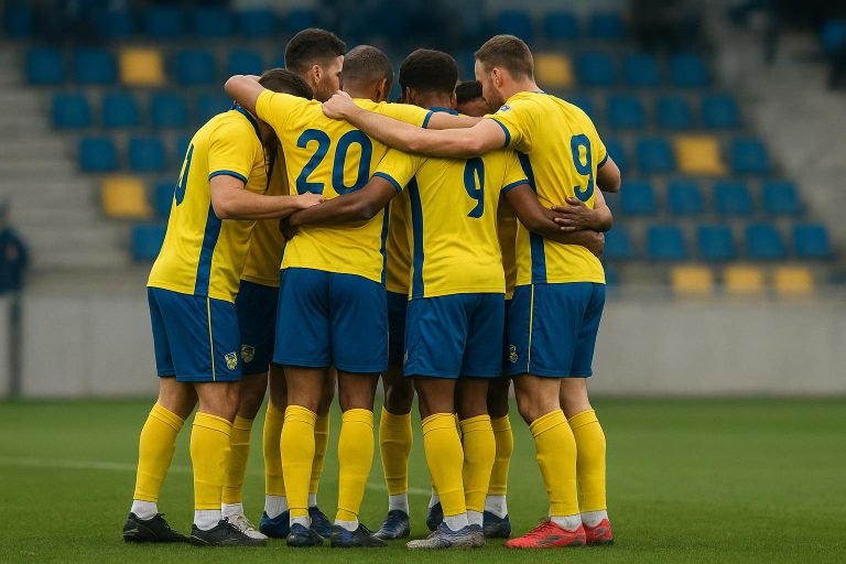 Spelers van SK Beveren vieren samen na een wedstrijd in Eerste Klasse B