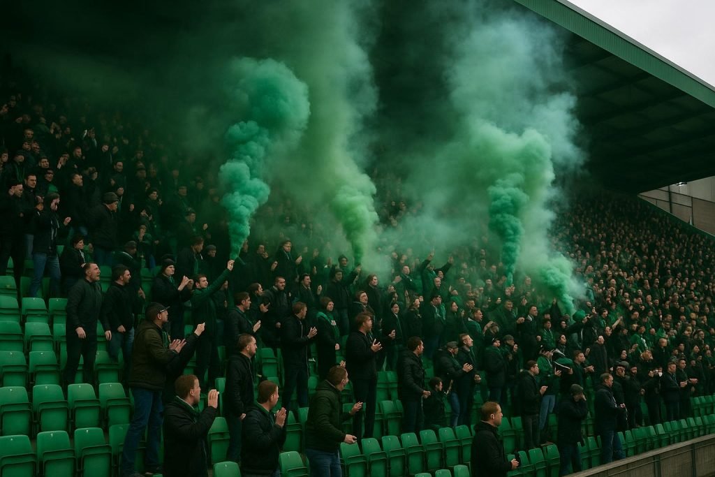 Sfeerbeeld in een stadionvak van Lommel SK met rook door pyrotechniek, zonder herkenbare gezichten.