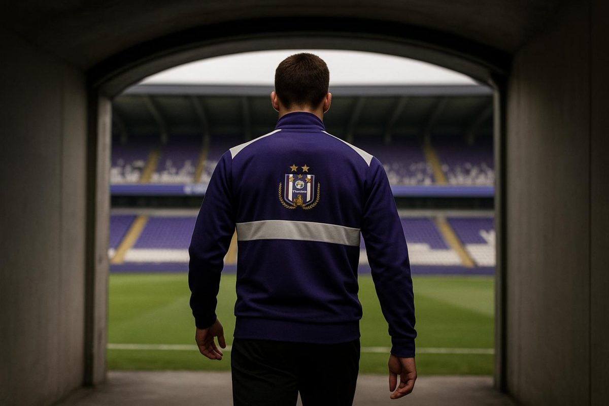Speler van RSC Anderlecht in trainingsoutfit, gefotografeerd van achteren in stadionomgeving