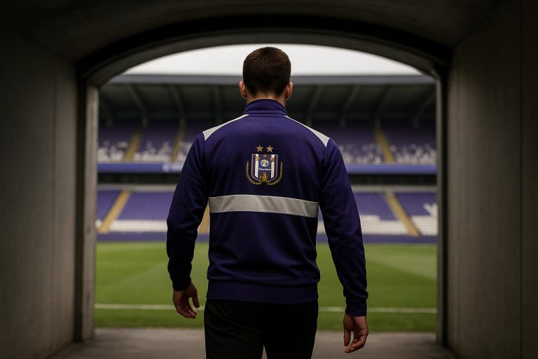 Speler van RSC Anderlecht in trainingsoutfit, gefotografeerd van achteren in stadionomgeving