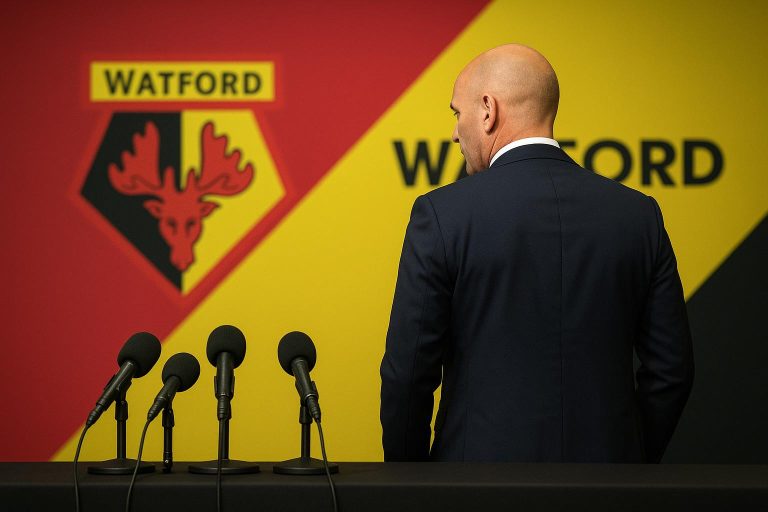 Edward Still als nieuwe trainer van Watford in een persmoment zonder herkenbare gezichten