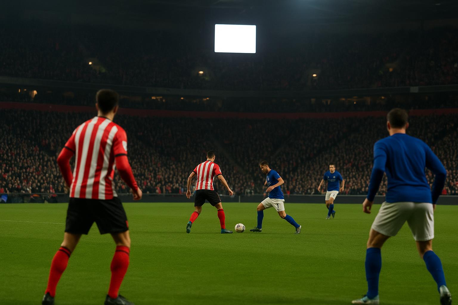 Sfeershot in een Belgisch stadion tijdens een spannende wedstrijd in de Jupiler Pro League