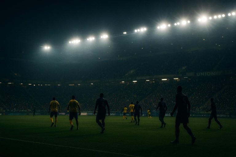 Sfeershot in een stadion bij Union SG tegen Club Brugge, met spelers op de achtergrond zonder herkenbare gezichten