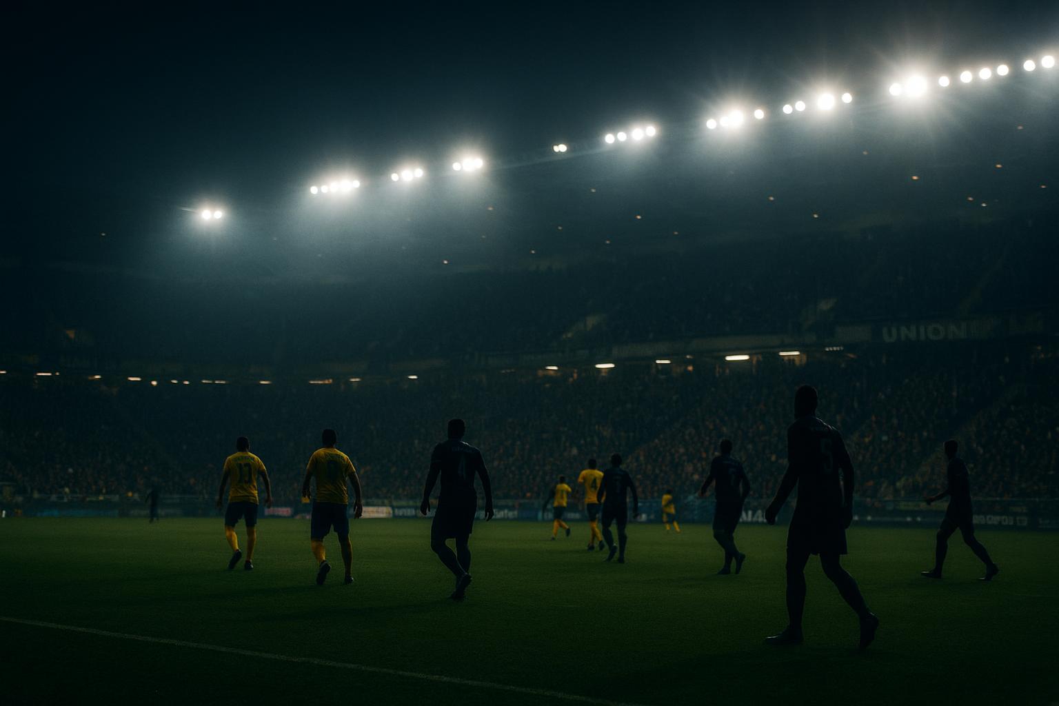 Sfeershot in een stadion bij Union SG tegen Club Brugge, met spelers op de achtergrond zonder herkenbare gezichten