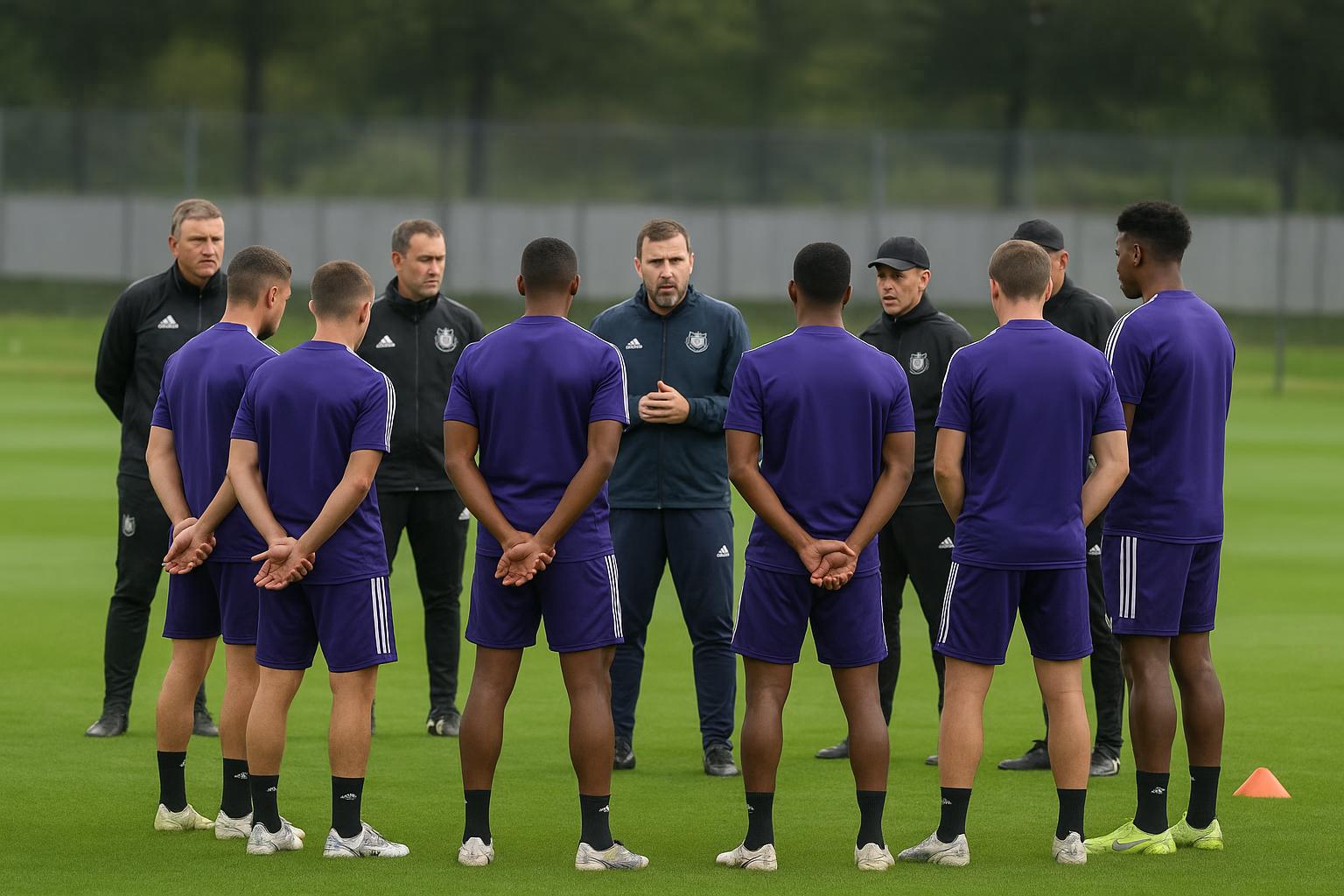 Spelers van RSC Anderlecht tijdens een training in een gespannen sfeer
