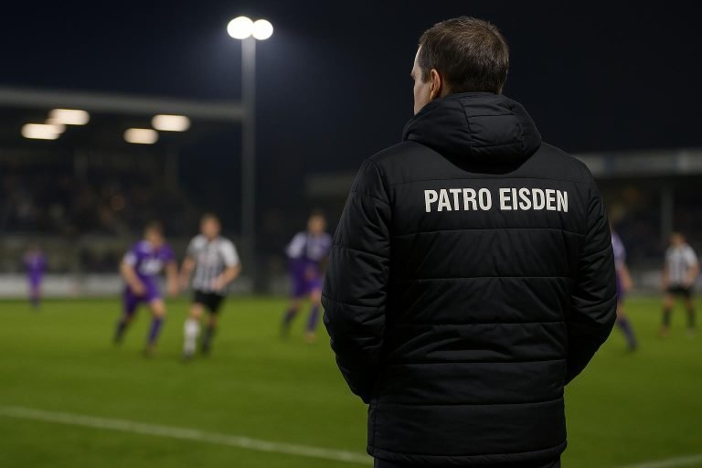Stijn Stijnen langs de zijlijn bij Patro Eisden tijdens een wedstrijd in de Challenger Pro League