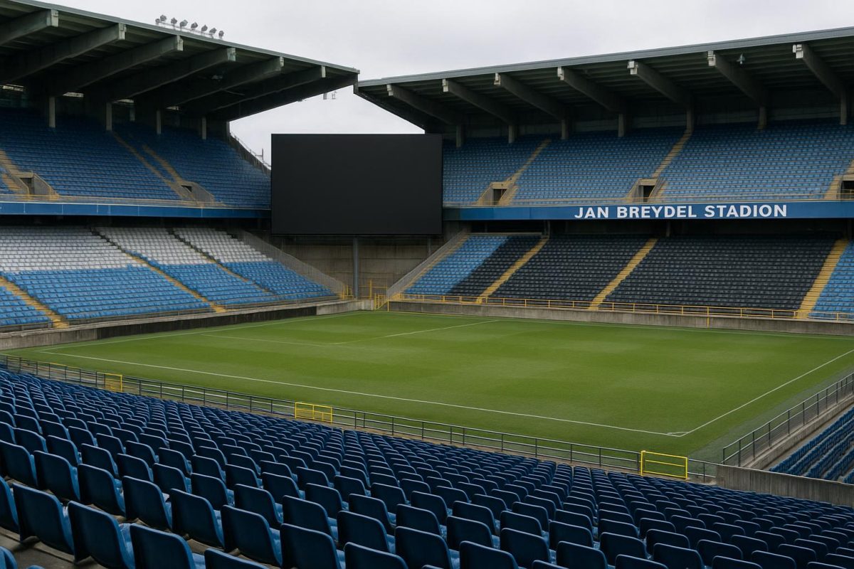 Zicht op de tribunes en het interieur van het Jan Breydelstadion, klaar voor een gezamenlijke kijkavond van Club Brugge.