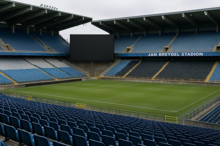 Zicht op de tribunes en het interieur van het Jan Breydelstadion, klaar voor een gezamenlijke kijkavond van Club Brugge.