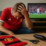 Een Manchester United-supporter met lange haren kijkt naar een wedstrijd terwijl een tondeuse en schaar klaarliggen.