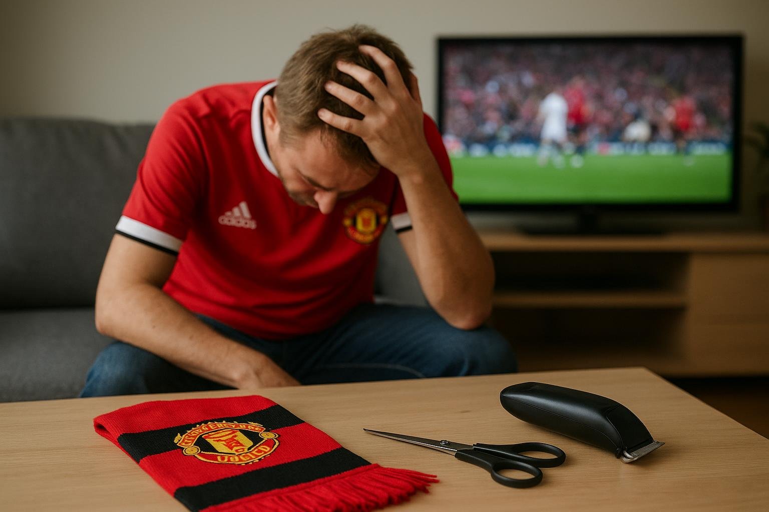 Een Manchester United-supporter met lange haren kijkt naar een wedstrijd terwijl een tondeuse en schaar klaarliggen.