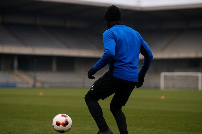Raphael Onyedika van Club Brugge in trainingscontext tijdens de wintermercato