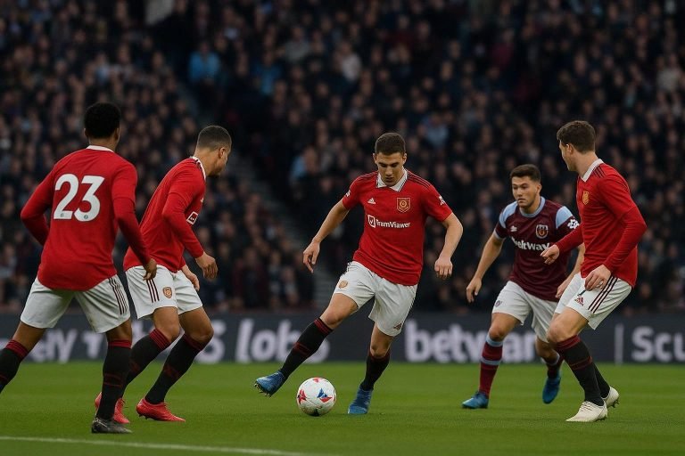 Manchester United-spelers vieren een late gelijkmaker op het veld van West Ham United