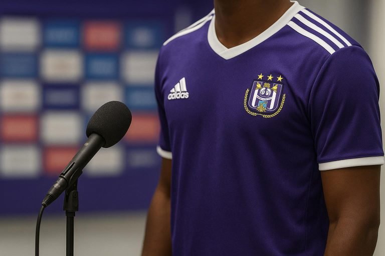 Guillaume Gillet in een studio-omgeving terwijl hij over Anderlecht praat.