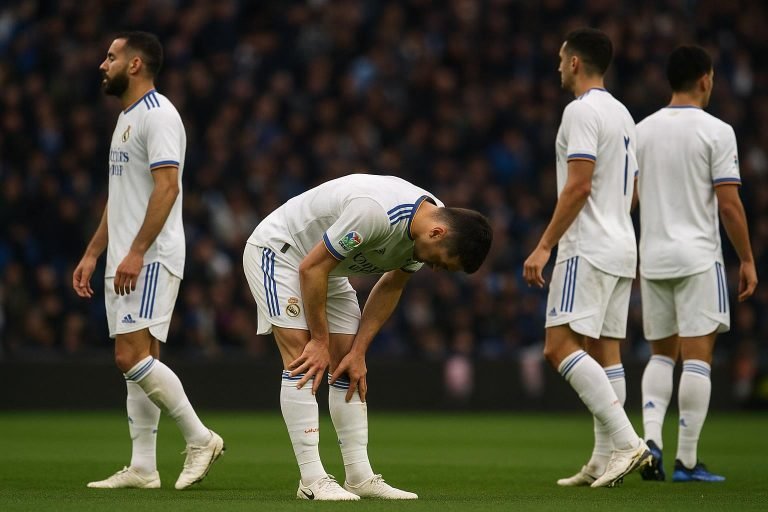 Spelers van Real Madrid stappen van het veld na een blessuremoment, met het stadion op de achtergrond.
