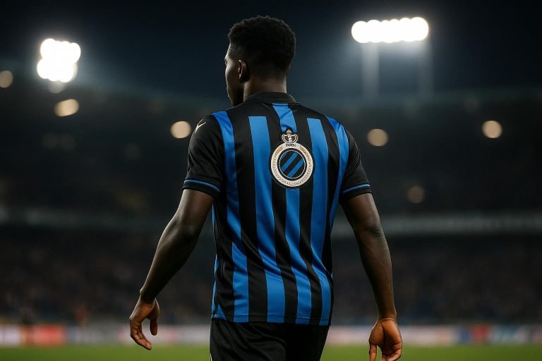 Raphael Onyedika van Club Brugge tijdens een wedstrijd in stadioncontext