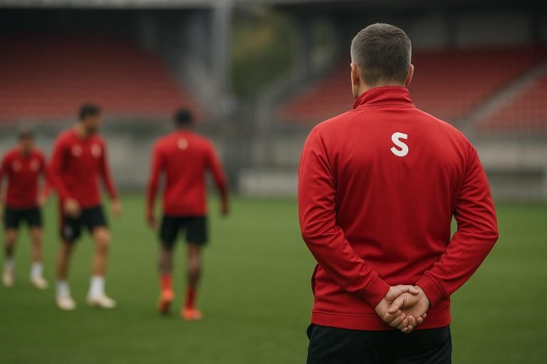 Coach Vincent Euvrard van Standard langs de zijlijn tijdens een trainingsmoment