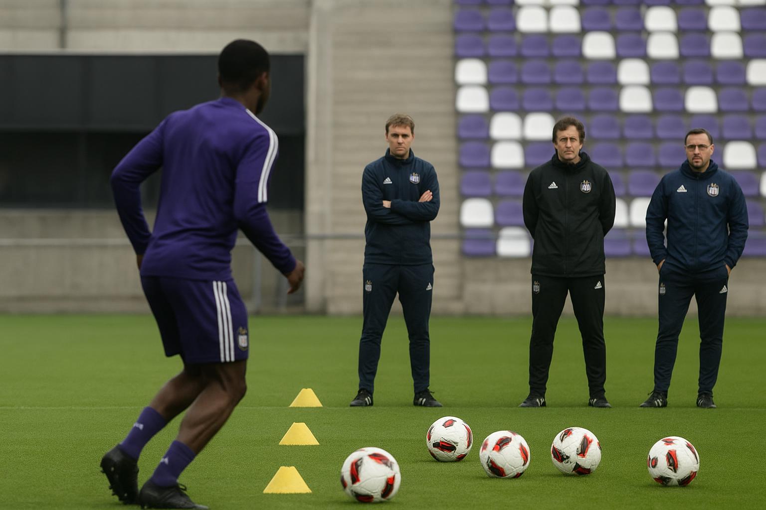 Jรฉrรฉmy Taravel tijdens een trainingsmoment als interim-trainer van RSC Anderlecht