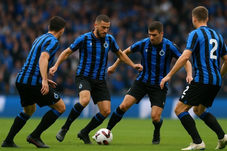 Spelers van Club Brugge in duel tijdens een competitiewedstrijd