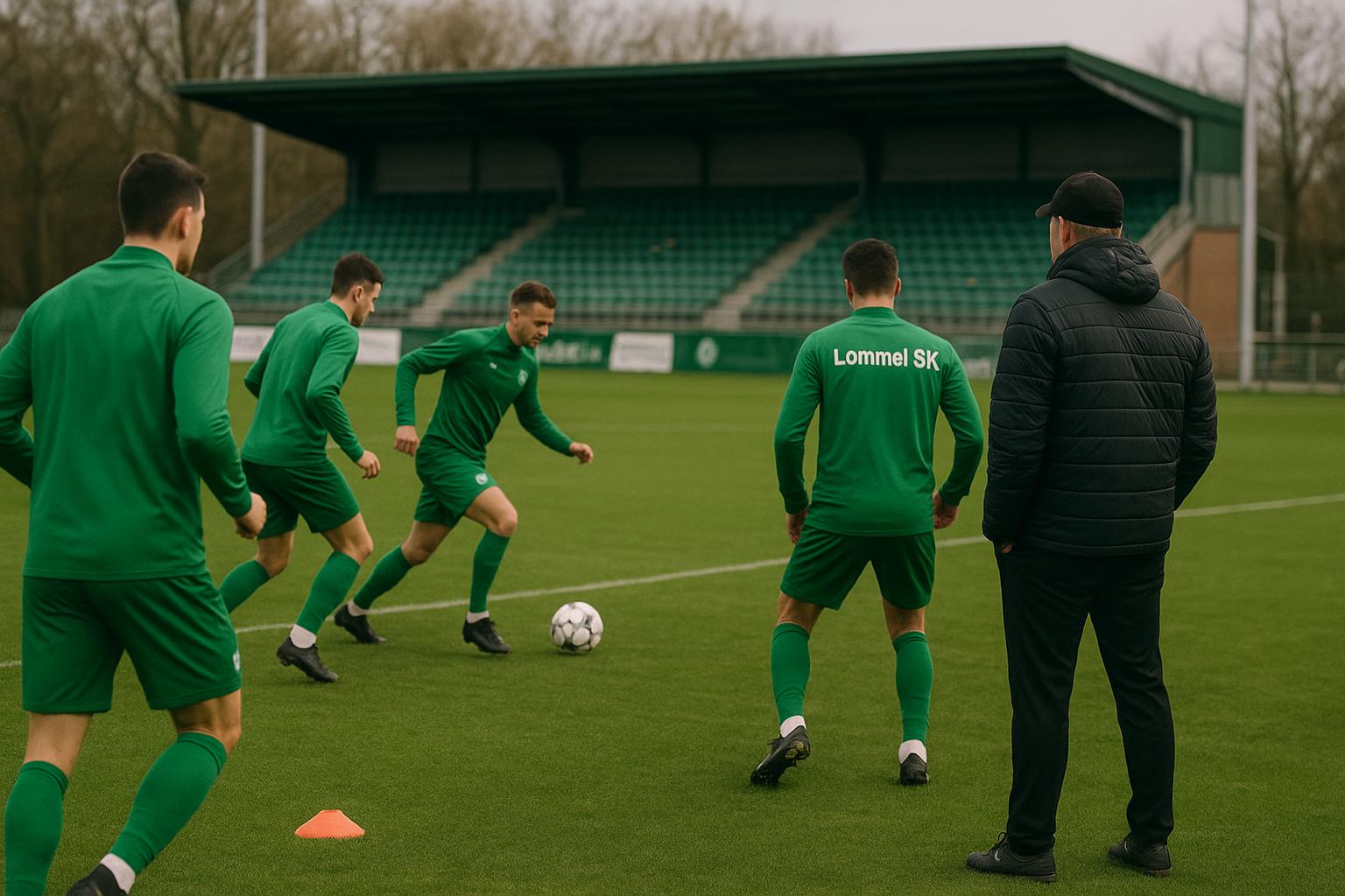 Spelers van Lommel SK op training met een coach op de achtergrond