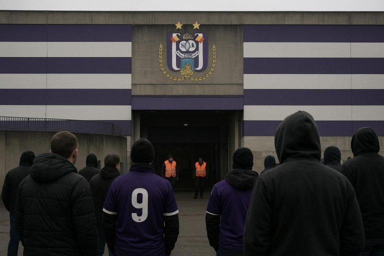 Stadionbeeld rond RSC Anderlecht met focus op de sportieve directie in de achtergrond