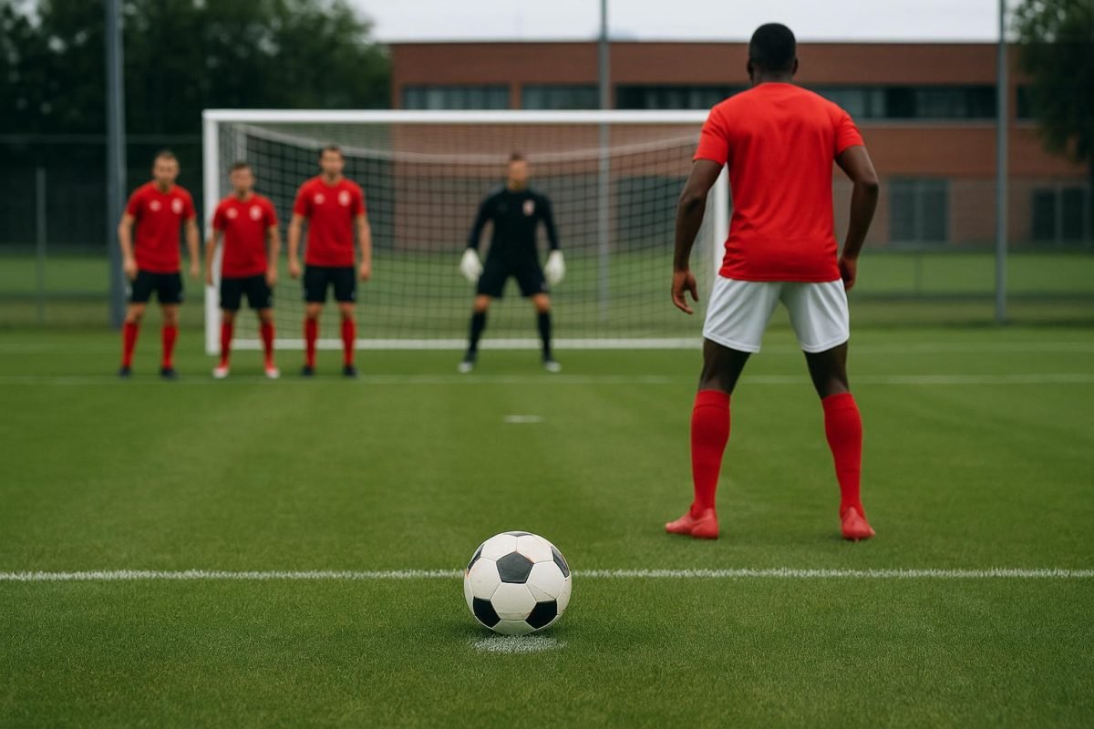 Spelers van Royal Antwerp FC oefenen strafschoppen op training in aanloop naar het bekerduel