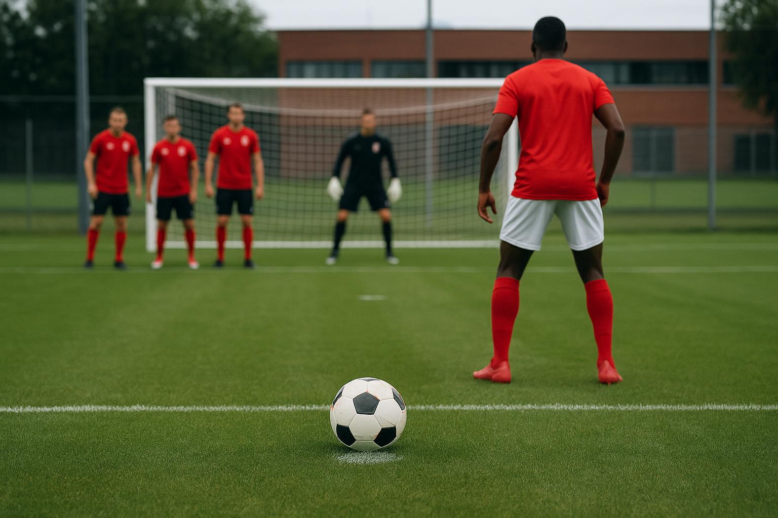 Spelers van Royal Antwerp FC oefenen strafschoppen op training in aanloop naar het bekerduel