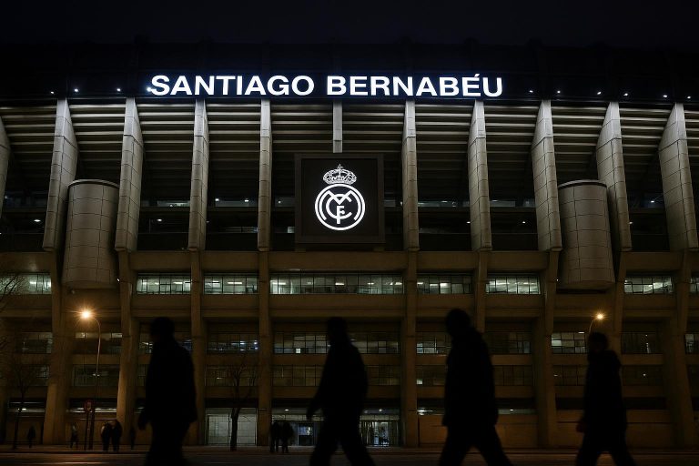Sfeershot rond het Estadio Santiago Bernabéu in Madrid tijdens transfergeruchten
