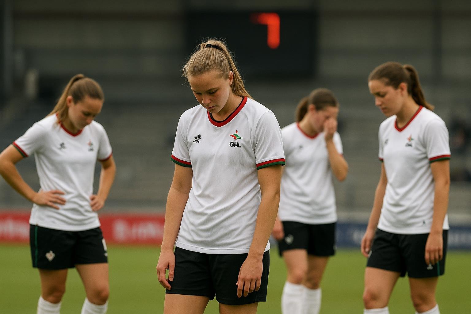 Speelsters van OH Leuven reageren teleurgesteld na de 0-4-nederlaag tegen Arsenal in de Women’s Champions League.