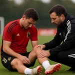 Trainingsbeeld bij Eintracht Frankfurt met focus op een knieblessure in de groep