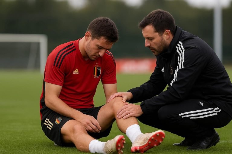 Trainingsbeeld bij Eintracht Frankfurt met focus op een knieblessure in de groep