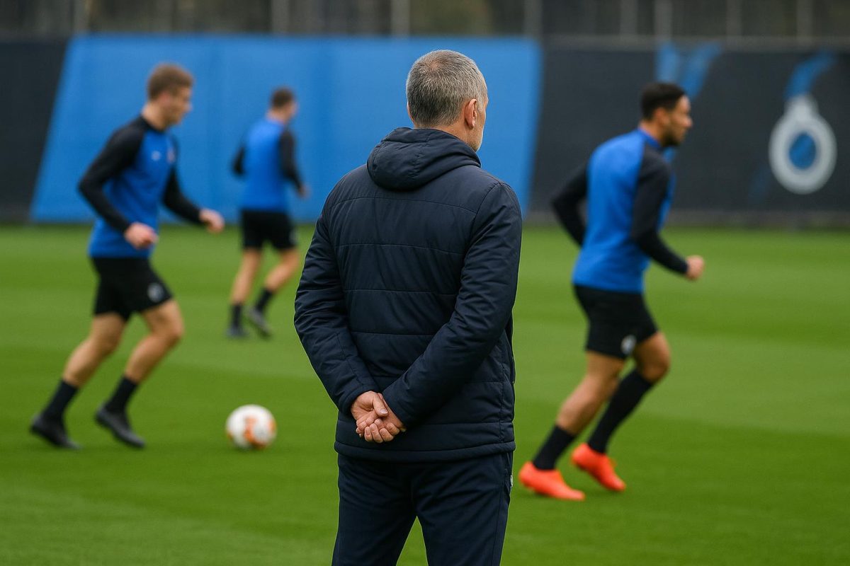 Rudi Garcia volgt een training met spelers van Club Brugge op de achtergrond