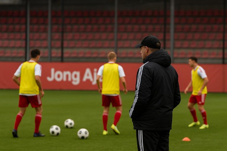 Oscar Garcia bij een trainingsmoment van Jong Ajax op het oefencomplex, gezien vanop afstand