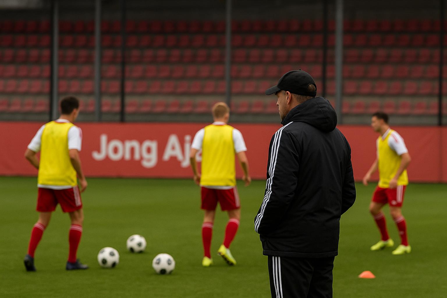 Oscar Garcia bij een trainingsmoment van Jong Ajax op het oefencomplex, gezien vanop afstand