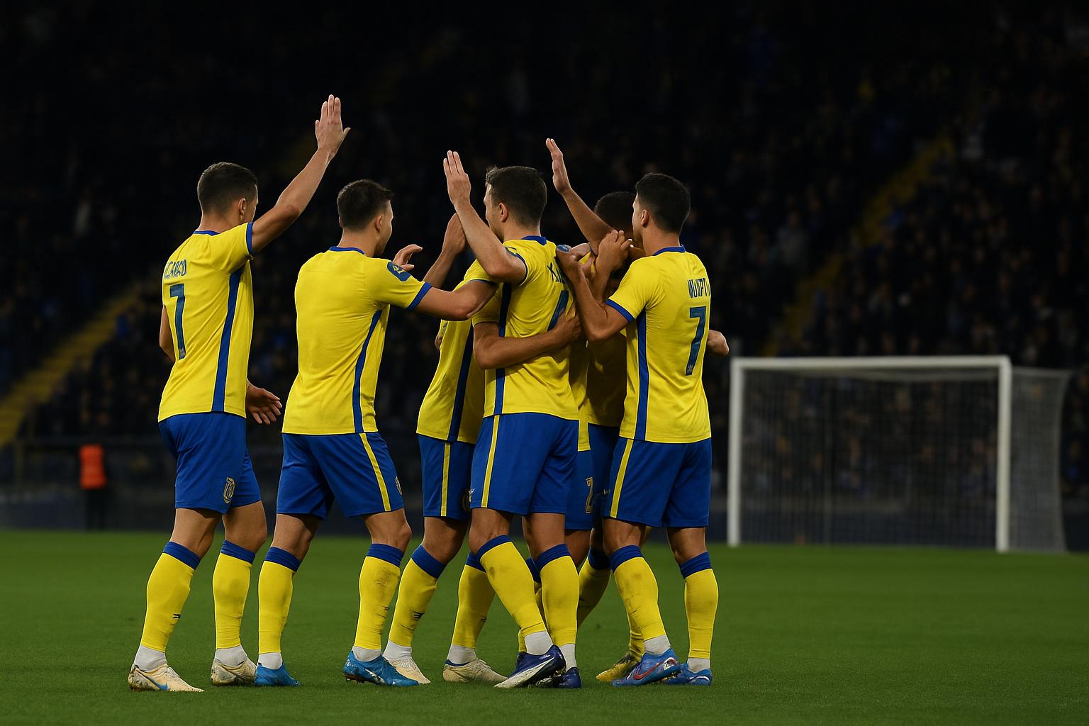 Spelers van Union SG vieren een doelpunt tegen Sporting Charleroi in het Dudenpark in de Croky Cup.