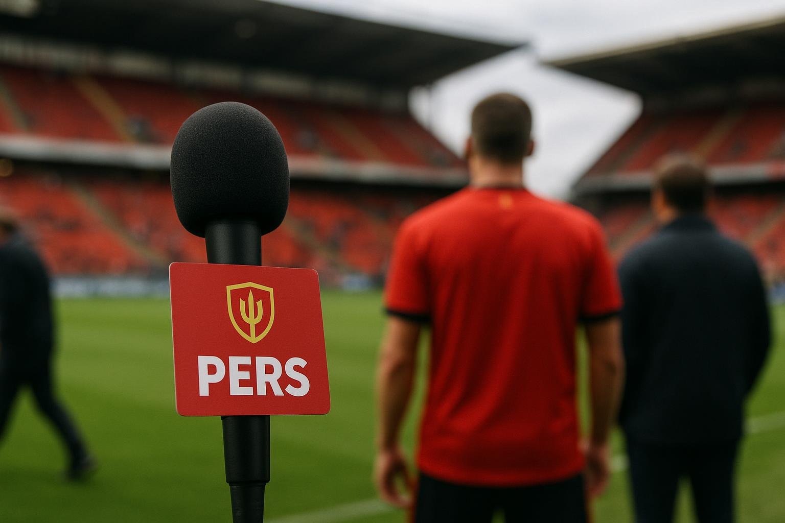 Microfoon en VRT-persbadge in een stadionomgeving rond de Rode Duivels