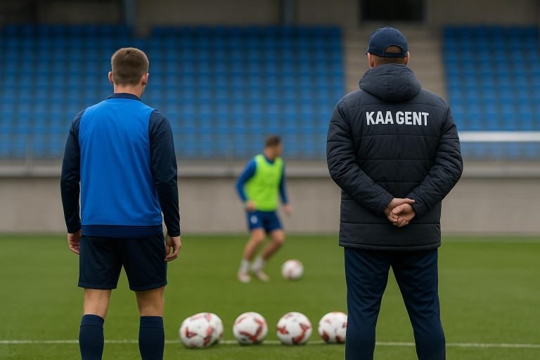 Rik De Mil bij KAA Gent tijdens een trainingsmoment langs het veld