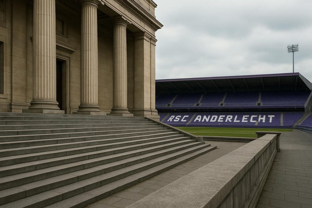 Neutrale sfeerfoto met het stadion van RSC Anderlecht en een gerechtsgebouw op de achtergrond, zonder herkenbare gezichten.
